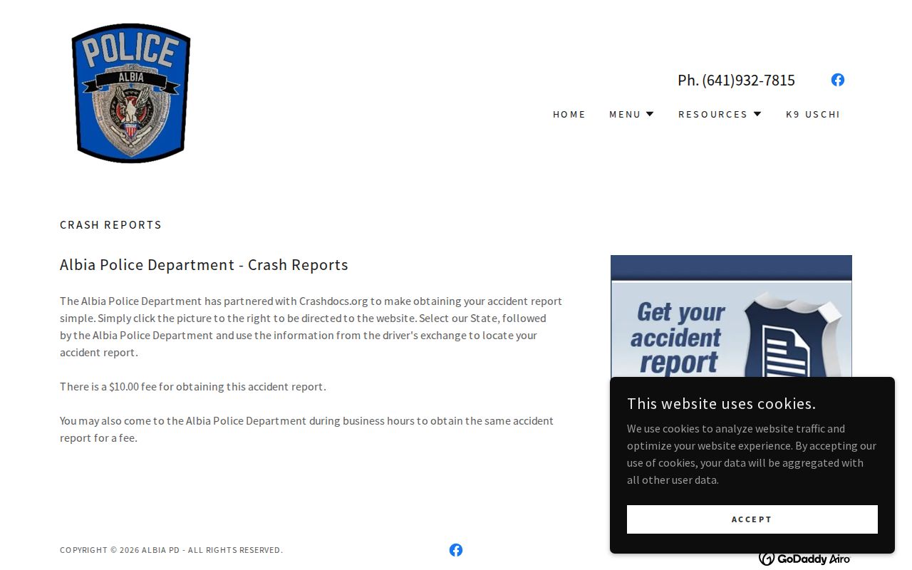 Albia Police crash report access page
