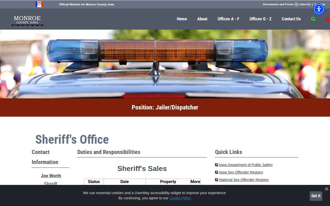 Monroe County sheriff booking record and roster contact page